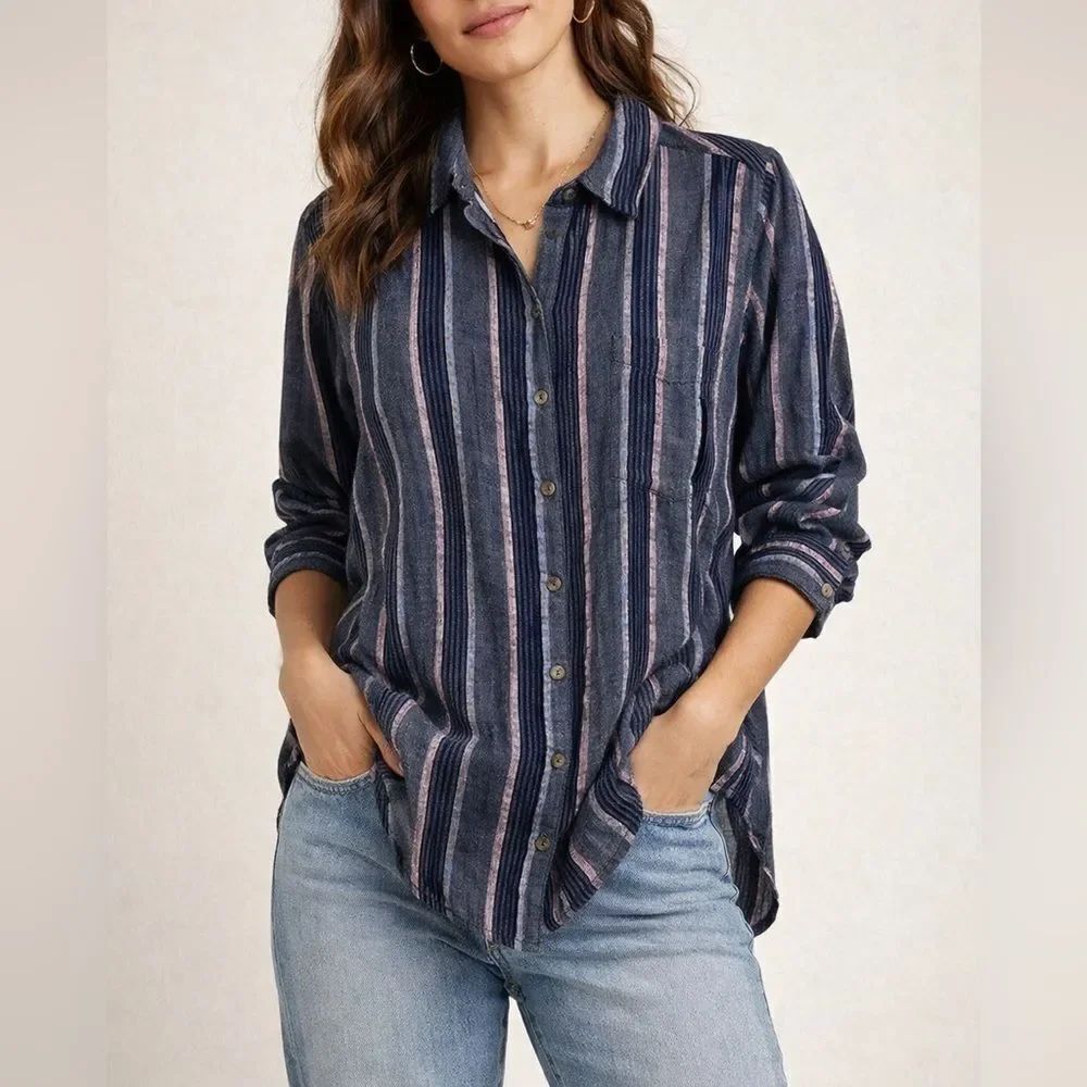 Pilcro Anthropologie Striped Button Front Shirt Cotton Blend Long Sleeve Size XS